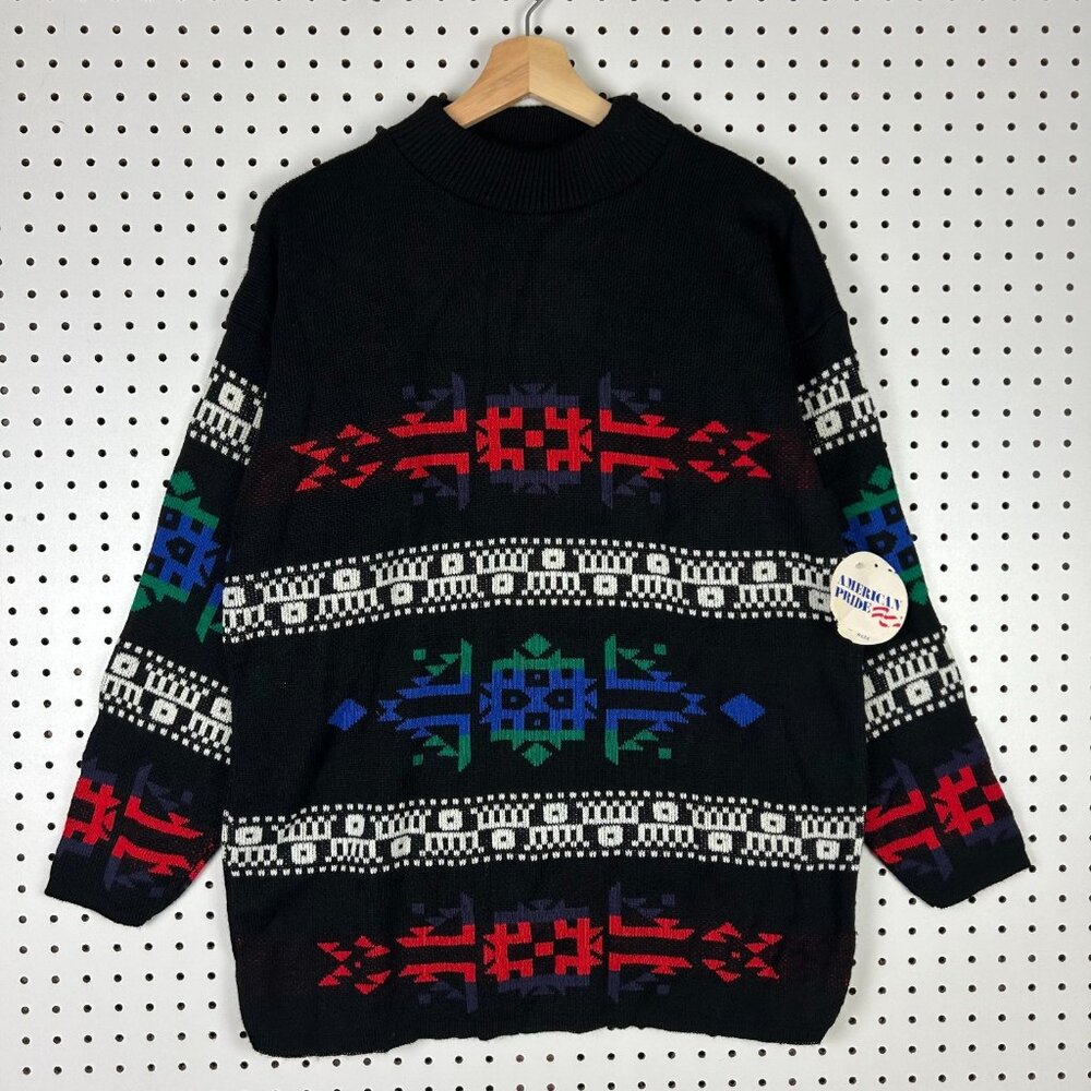 American Pride Mock Neck Vtg Sweater Women's Large Black Aztec Colorful‎ NWT Y2K